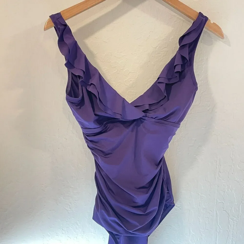 ~ Lauren Ralph Lauren 6 Swimsuit Underwire Tummy Control Ruffle 1-pc LRL Purple